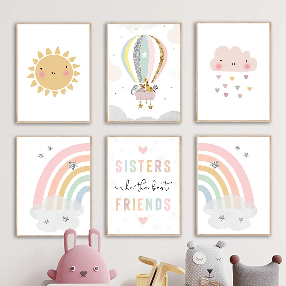 Baby Nursery Paintings - Giraffe Elephant Hot Balloon Sun Rainbow