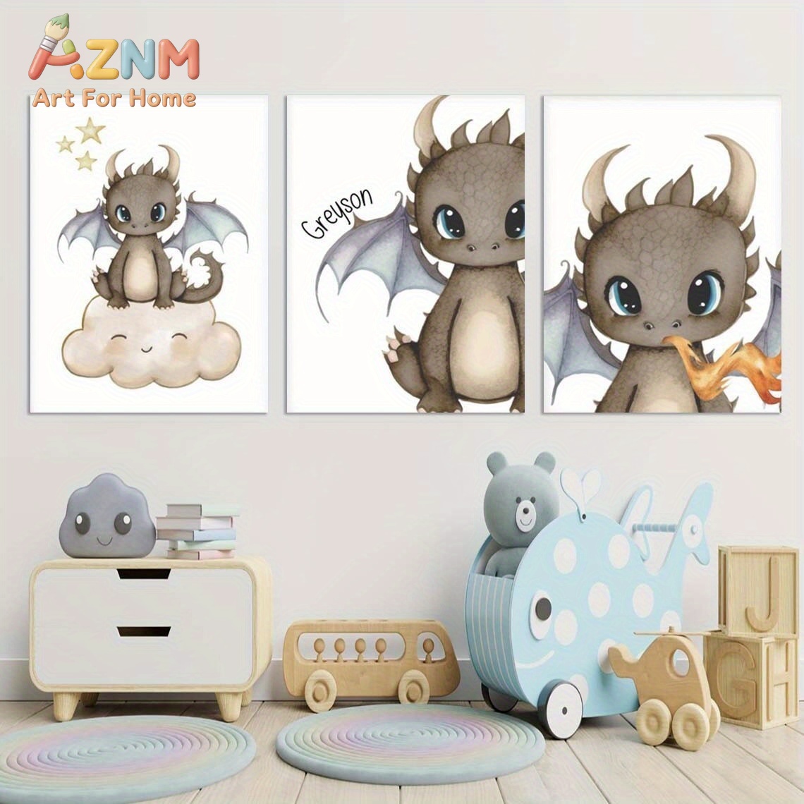 Baby Nursery Paintings - AZNM Cute Baby Dragon Canvas Wall