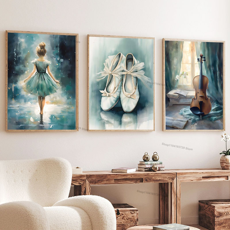 Baby Nursery Paintings - Watercolor Ballet Girl Shoes Cello Nursery