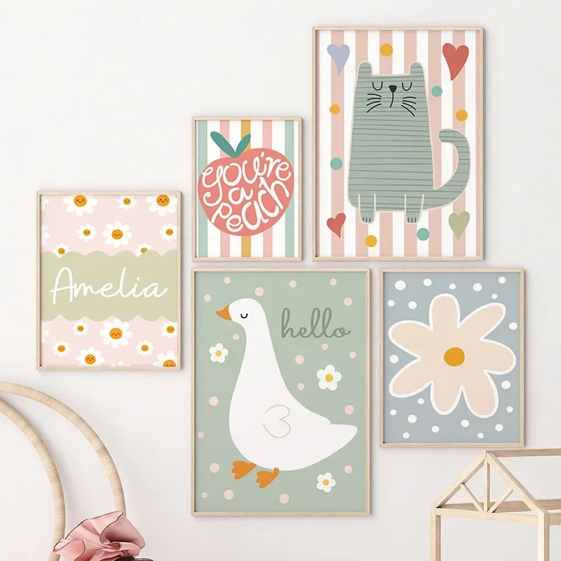 Baby Nursery Paintings - Cartoon Cat Duck Bird Apple Custom