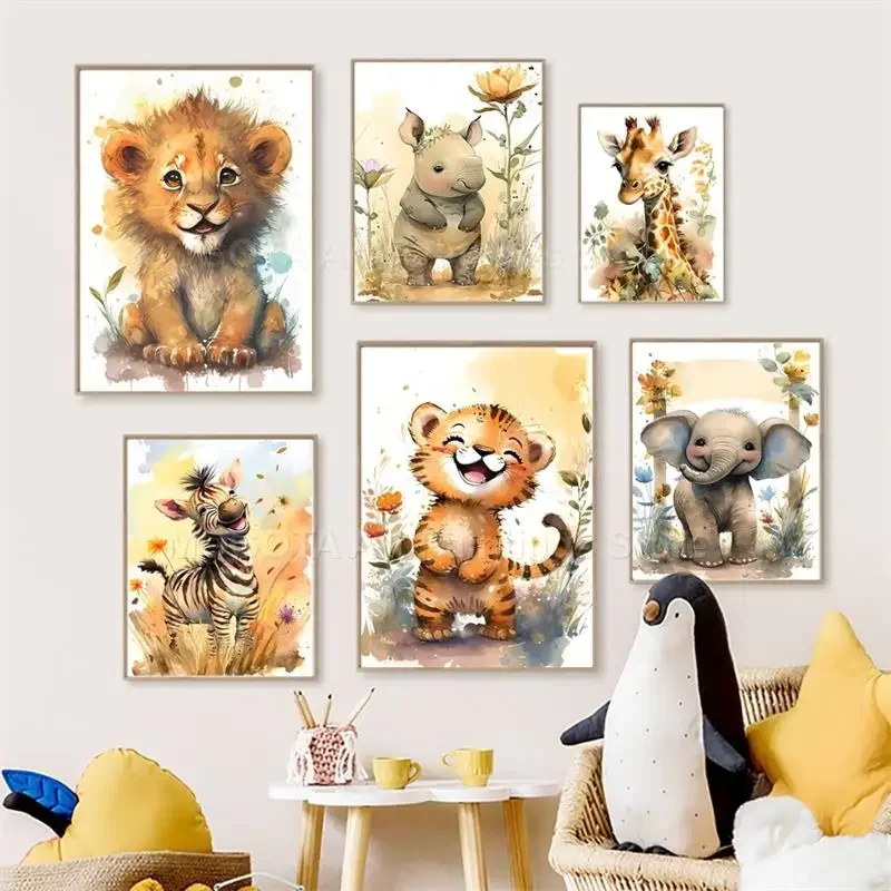 Baby Nursery Paintings - Watercolor Lion Giraffe Tiger Elephant Zebra