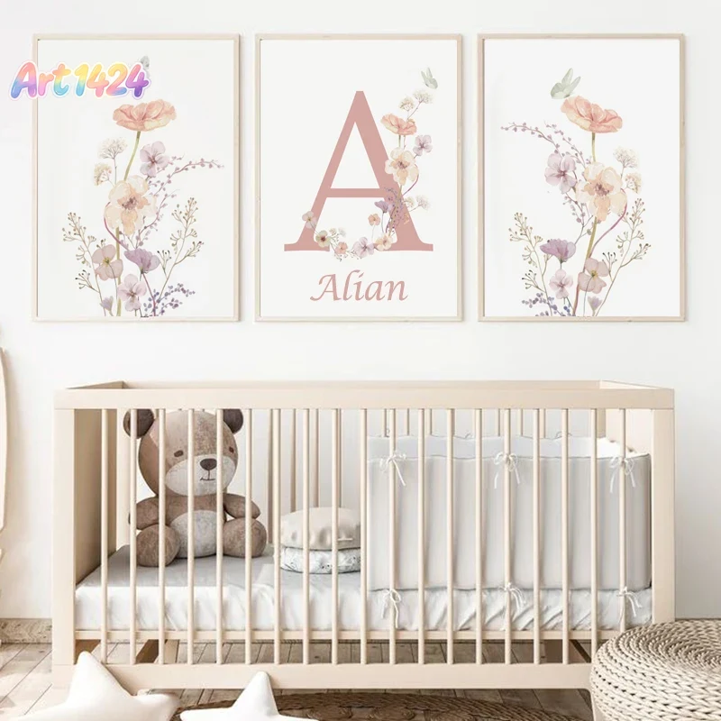 Baby Nursery Pink - Personalized Name Wildflower Nursery Decoration Poster