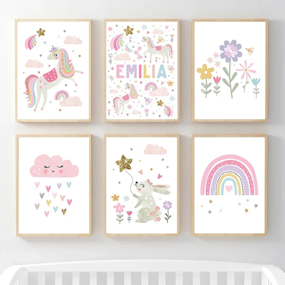 Baby Nursery Paintings - Pink Unicorn Rabbit Rainbow Cloud Flower