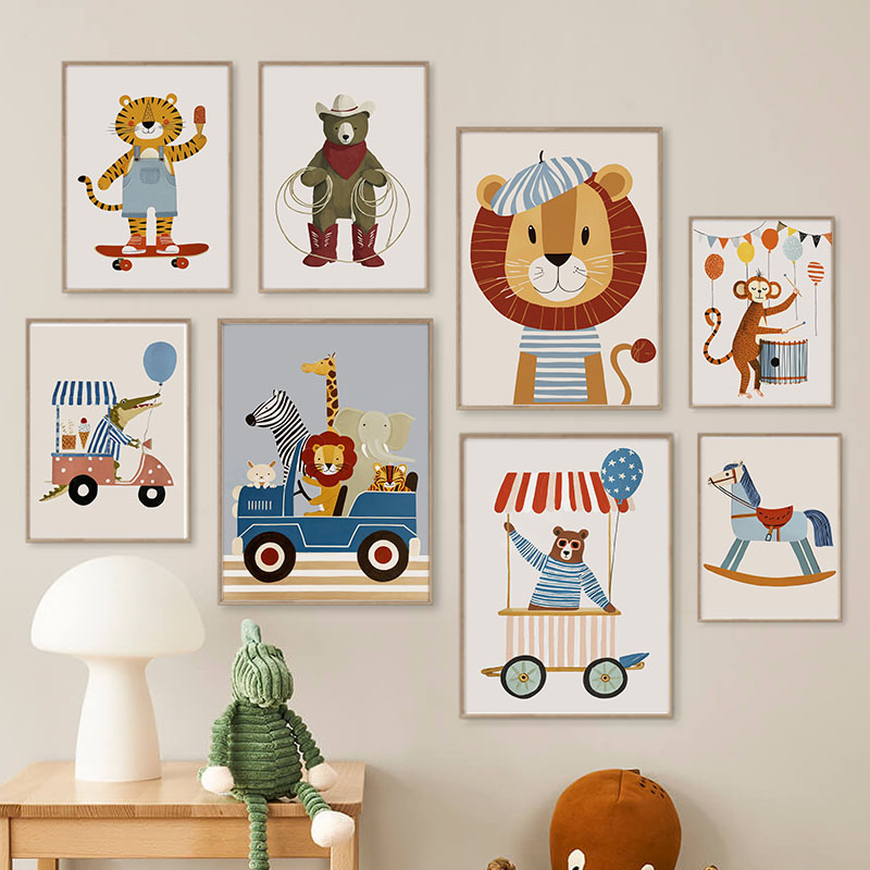 Baby Nursery Paintings - Funny Cartoon Animal Car Balloon Nursery