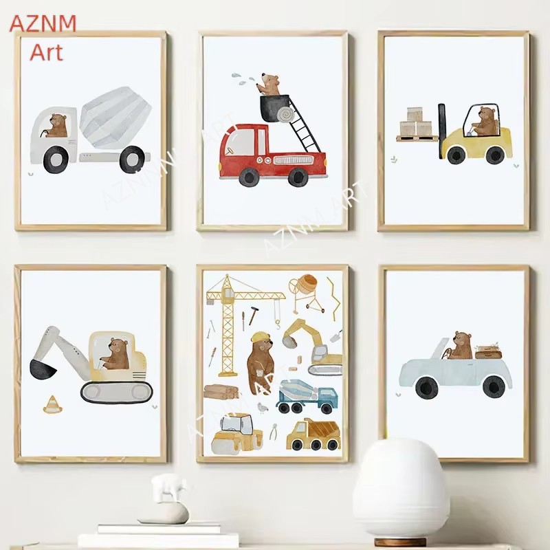 Baby Nursery Paintings - Cute Boho Bear Crane Excavator Tractor