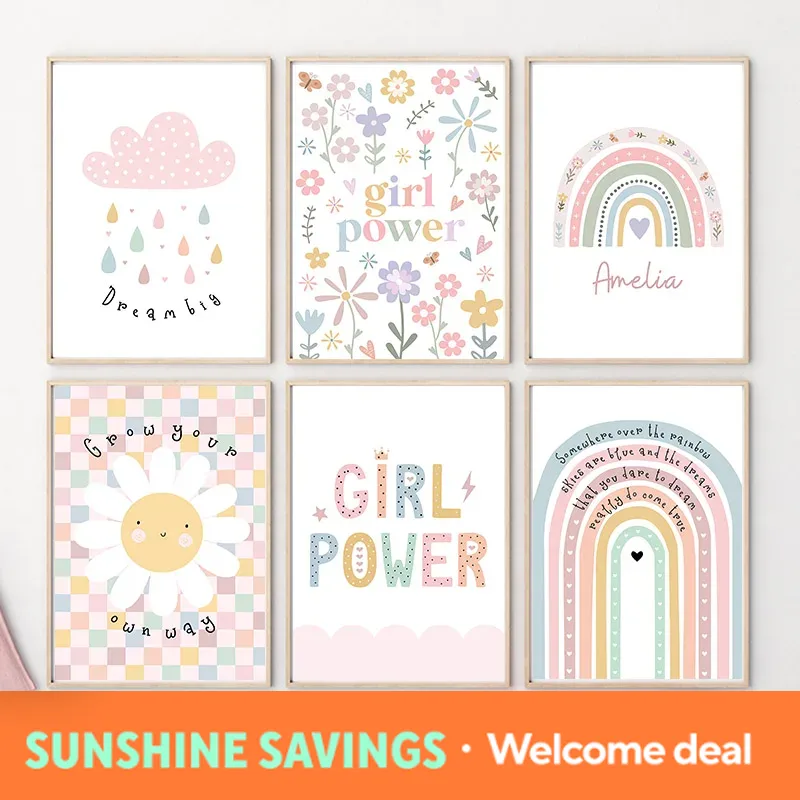 Baby Nursery Paintings - Sun Flower Rainbow Cloud Heart Nursery