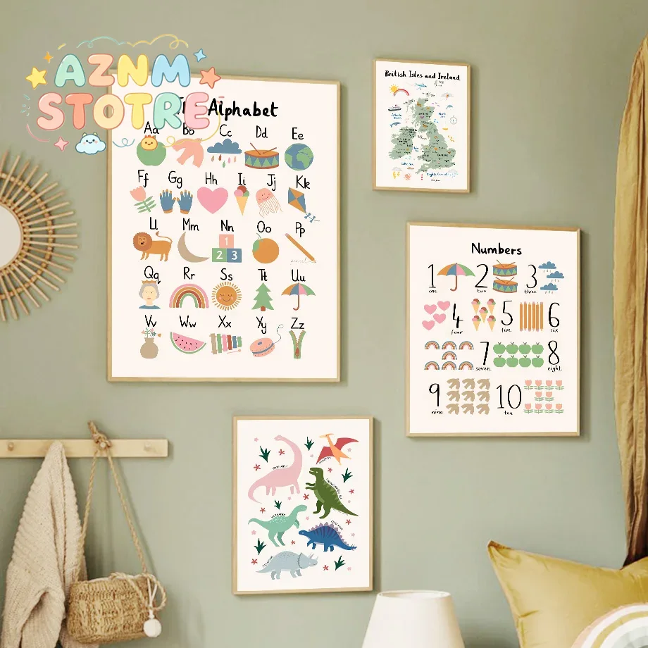 Baby Nursery Paintings - Animal World Map Dinosaur Alphabet Number