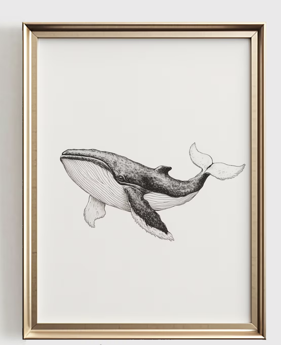 Baby Nursery Paintings - Whale Line Art Print, Minimalist Ocean