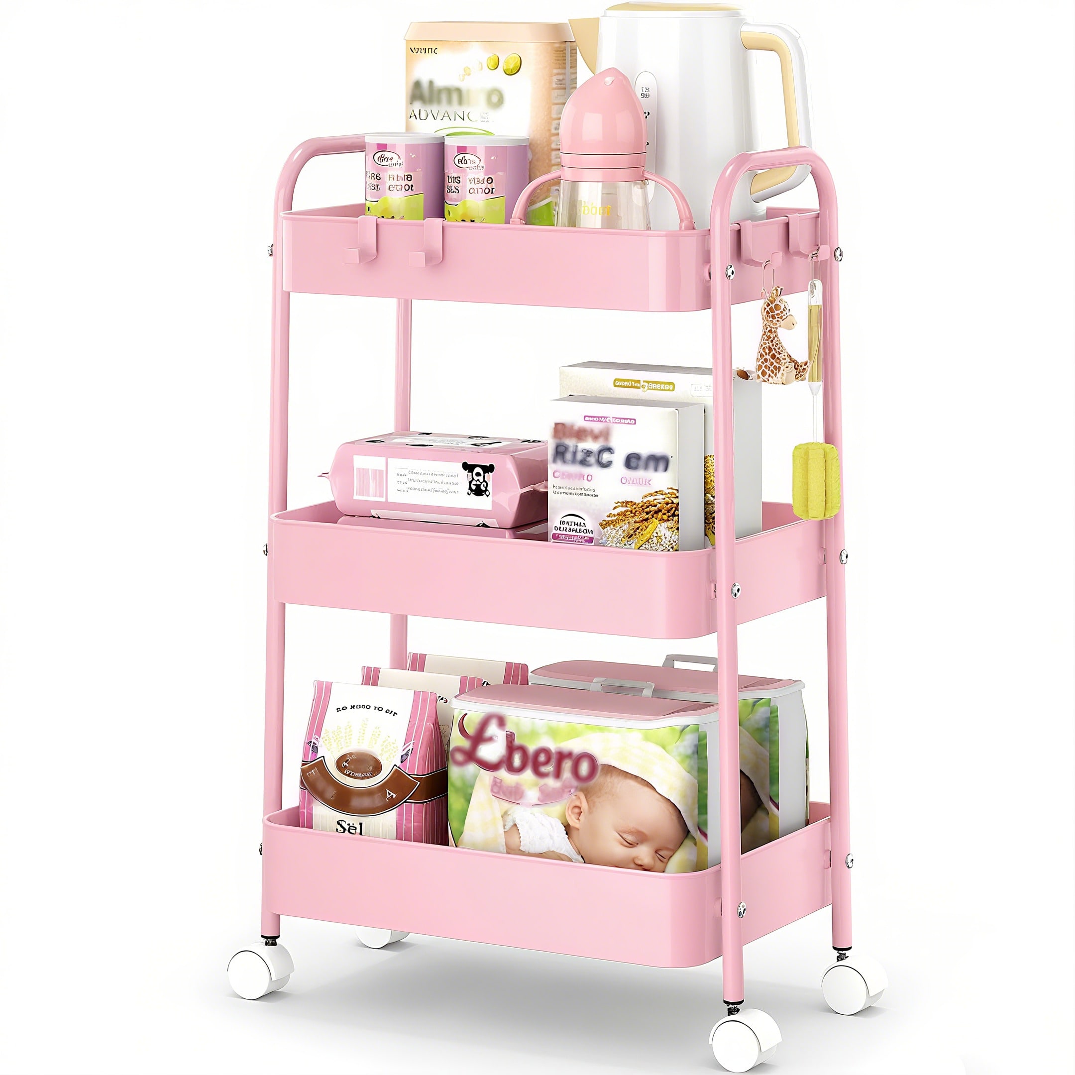 3 Tier Metal Rolling Cart With - Baby Nursery Pink ulasan dan harga