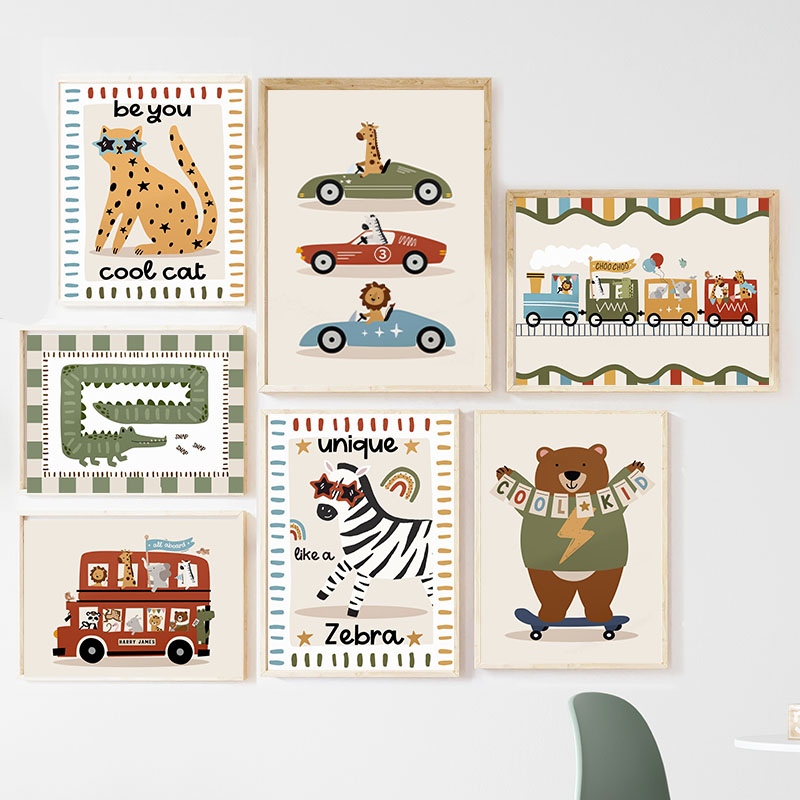 Funny Cartoon Animals Car Bus  - Baby Nursery Paintings ulasan dan harga