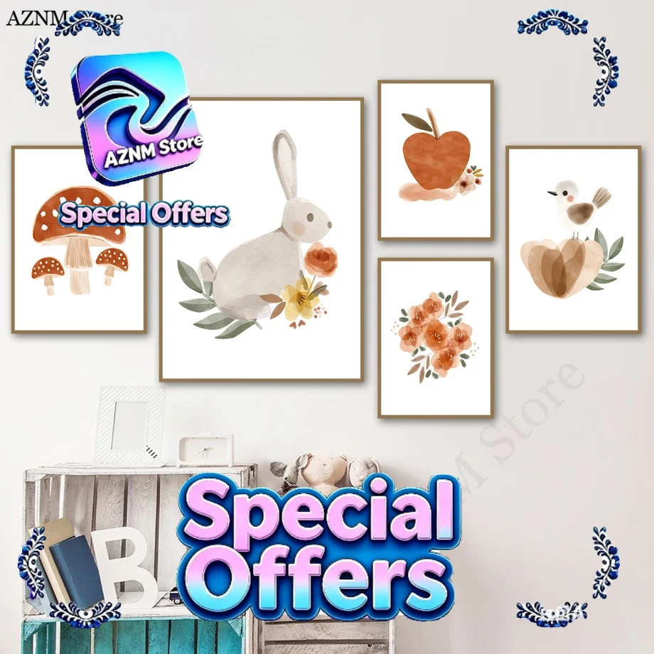 Watercolor Flower Rabbit Bird  - Baby Nursery Murals ulasan dan harga