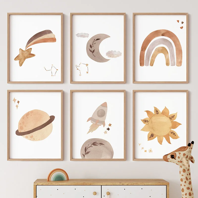 Watercolor Rainbow Sun Moon Ro - Baby Nursery Murals ulasan dan harga