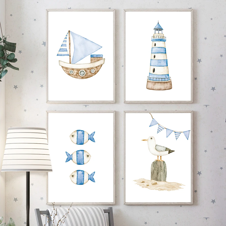 Sailboat Lighthouse Fish Nauti - Baby Nursery Paintings ulasan dan harga
