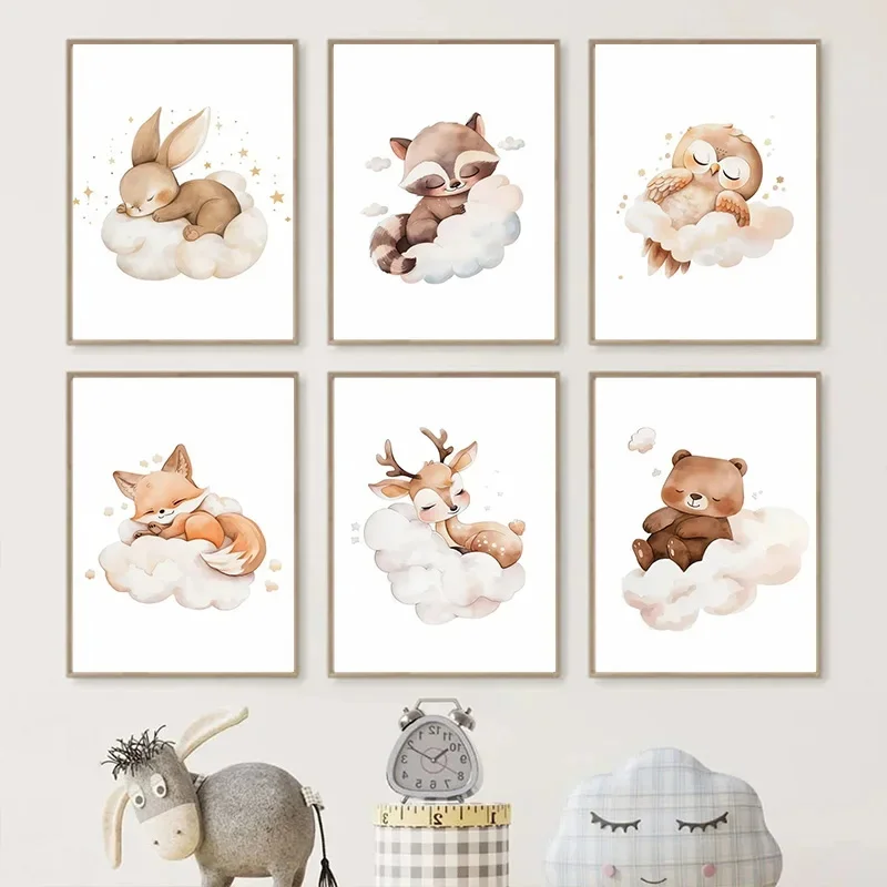 Cartoon Cloud Animal Canvas Pa - Baby Nursery Murals ulasan dan harga
