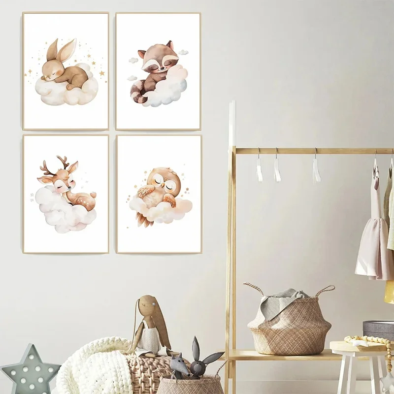 Cartoon Cloud Animal Canvas Pa - Baby Nursery Murals ulasan dan harga