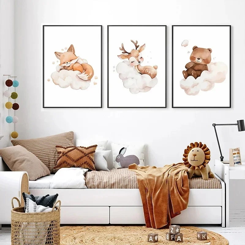 Cartoon Cloud Animal Canvas Pa - Baby Nursery Murals ulasan dan harga