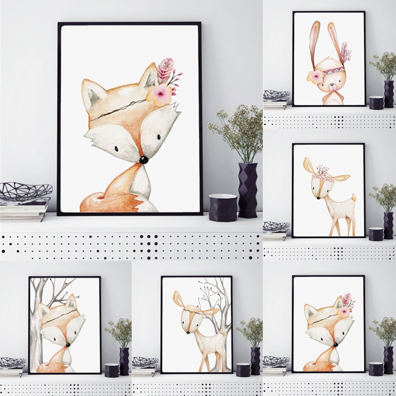 Cartoon Rabbit Poster Fox Deer - Baby Nursery Mirror ulasan dan harga