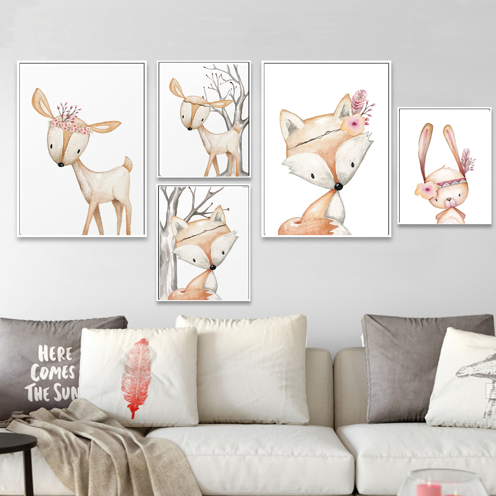 Cartoon Rabbit Poster Fox Deer - Baby Nursery Mirror ulasan dan harga