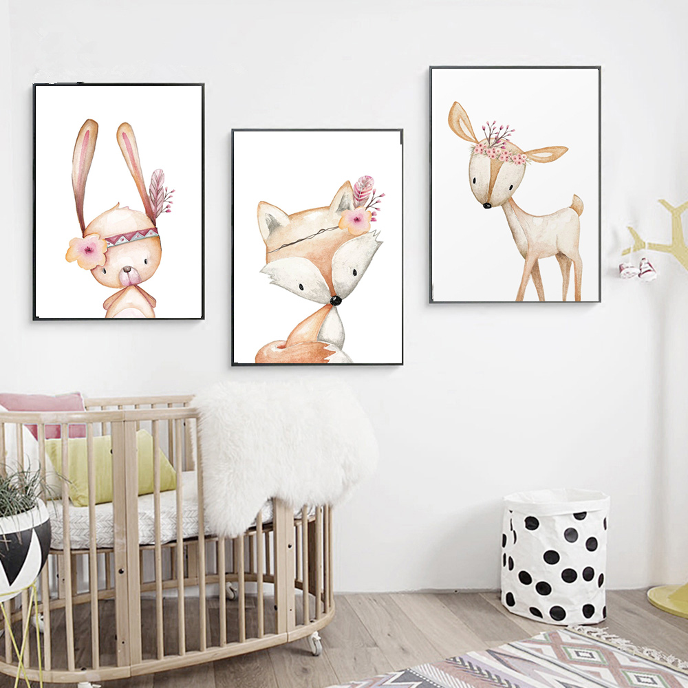 Cartoon Rabbit Poster Fox Deer - Baby Nursery Mirror ulasan dan harga
