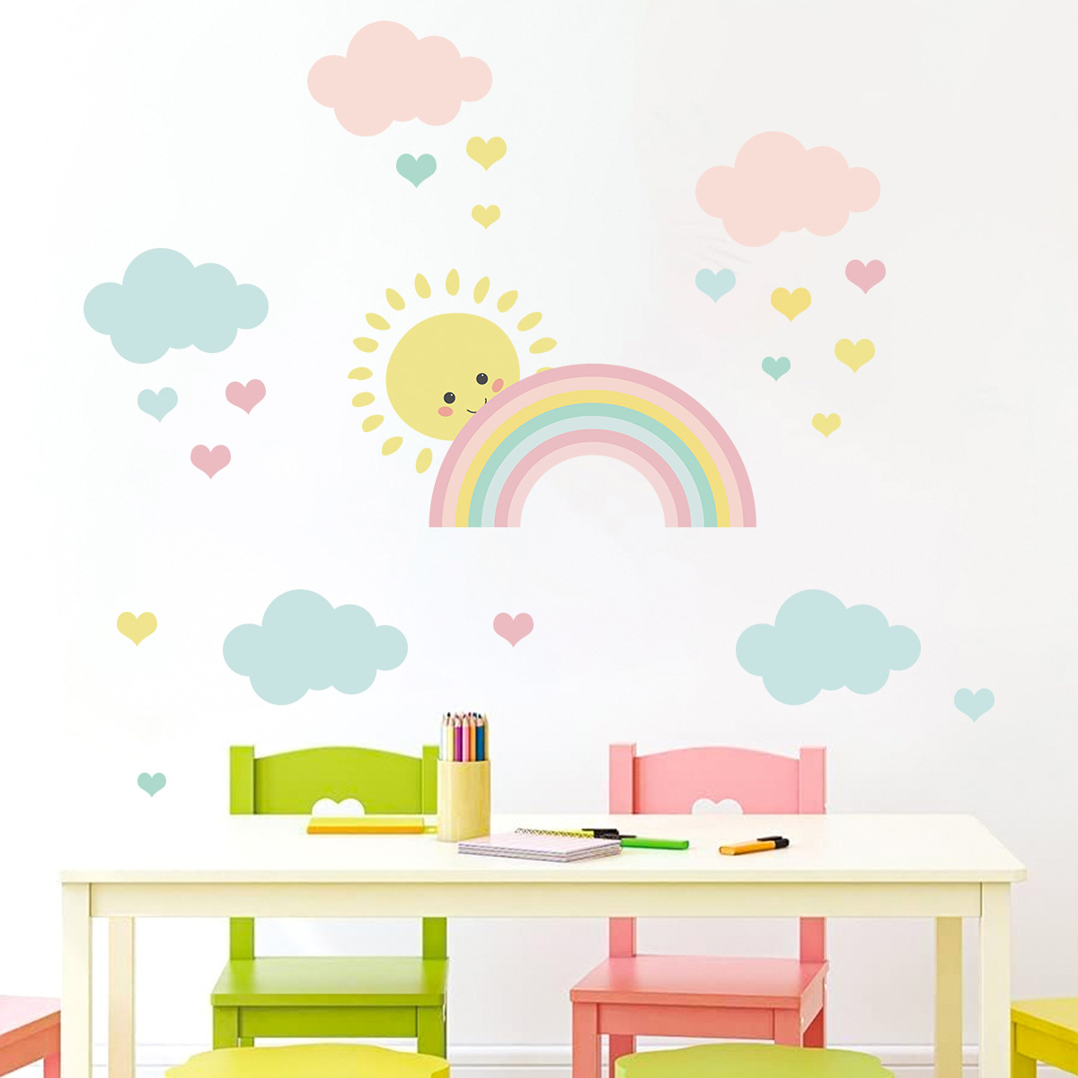 Cartoon Sun Rainbow Clouds Wal - Baby Nursery Murals ulasan dan harga