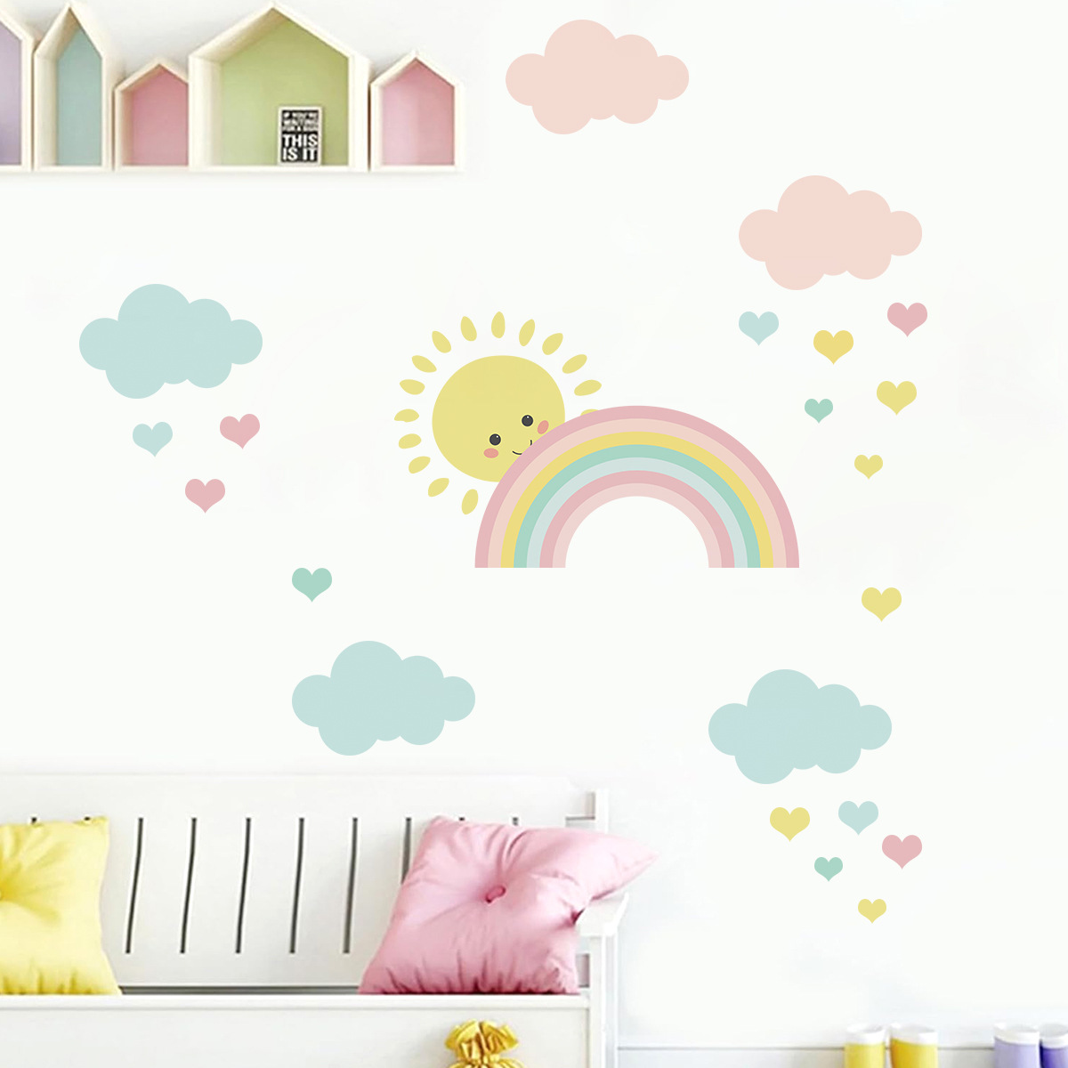 Cartoon Sun Rainbow Clouds Wal - Baby Nursery Murals ulasan dan harga