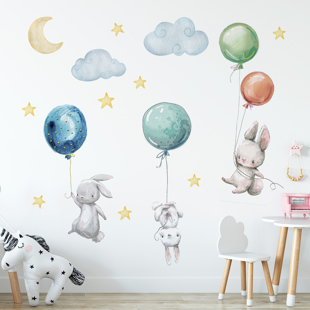 Cute Lovely Flying Rabbits Wal - Baby Nursery Murals ulasan dan harga