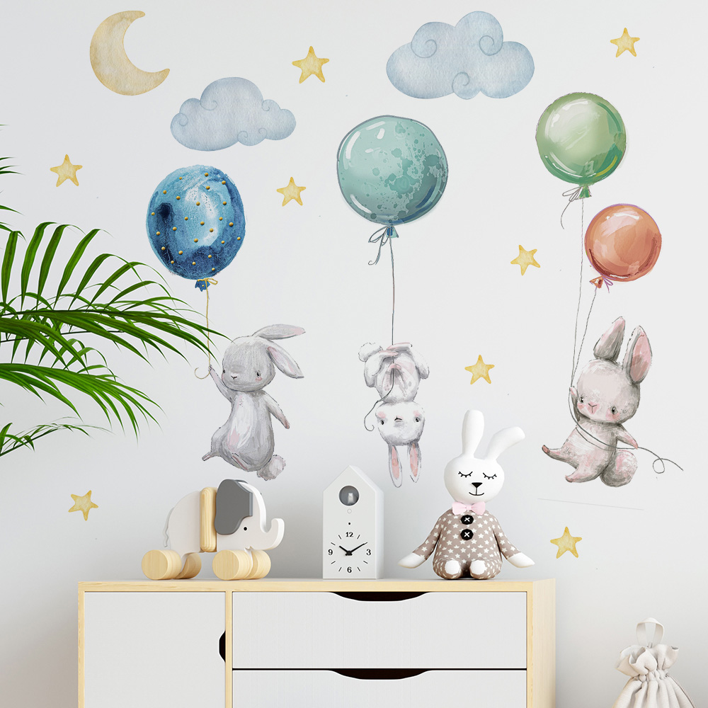 Cute Lovely Flying Rabbits Wal - Baby Nursery Murals ulasan dan harga